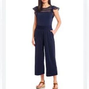 Michael Kors Mesh Flutter Sleeve Navy Cropped Pants Romper